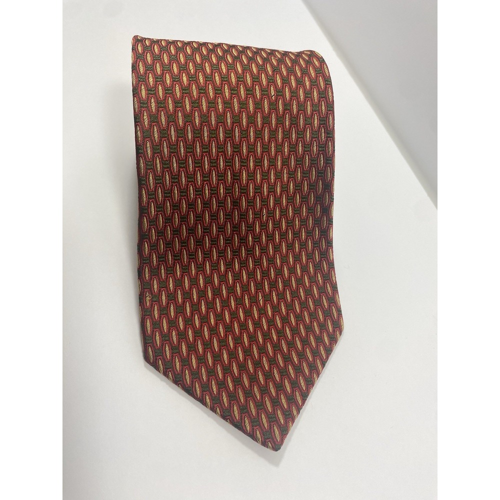 Tiffany & Co Mens Silk Neck Tie Vintage Italy Dense Oval Pattern Red Green Gold